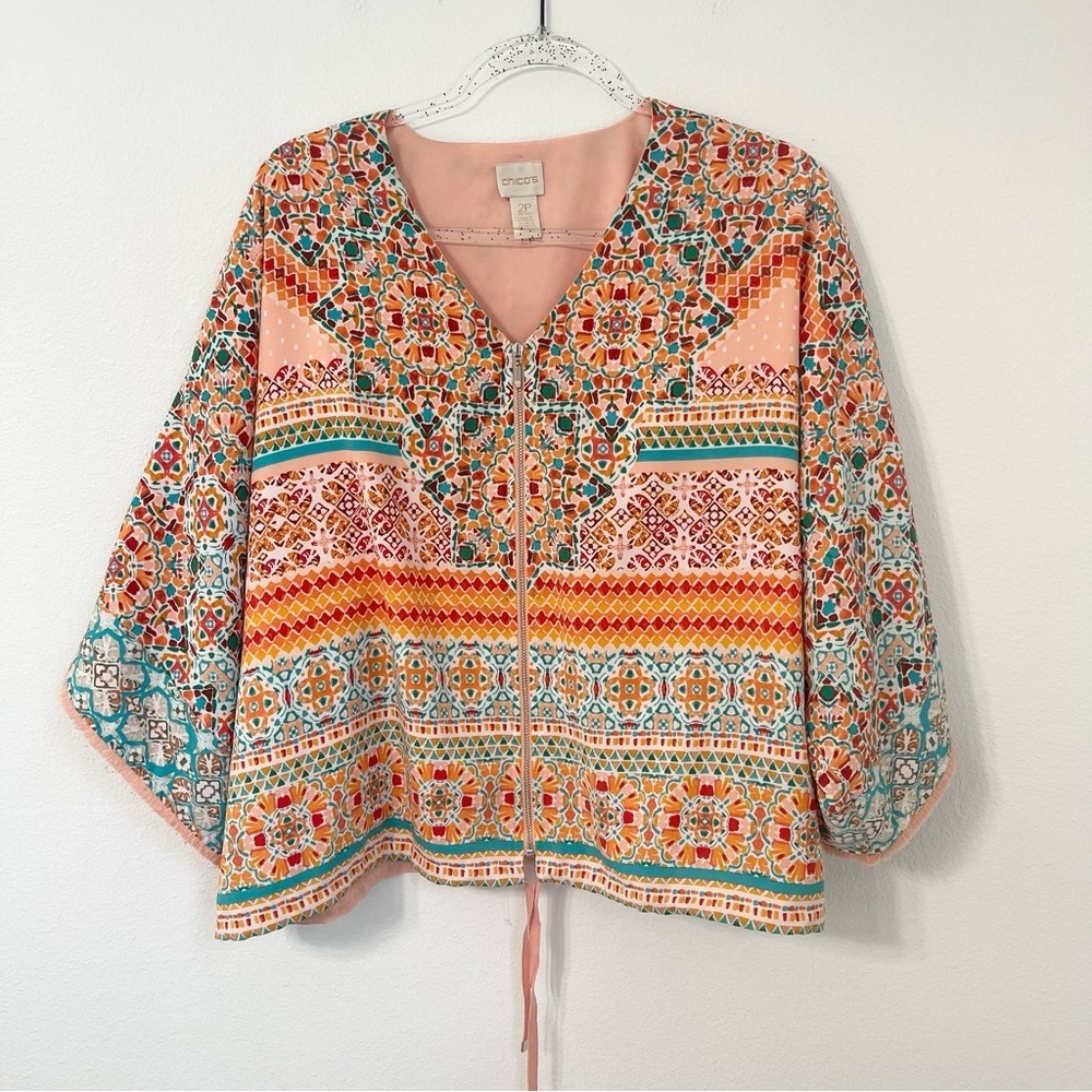 Chicos Vibrant Tropical Bright Print Kimono Sleeve Flowy Top Full Zipper Sz 2P